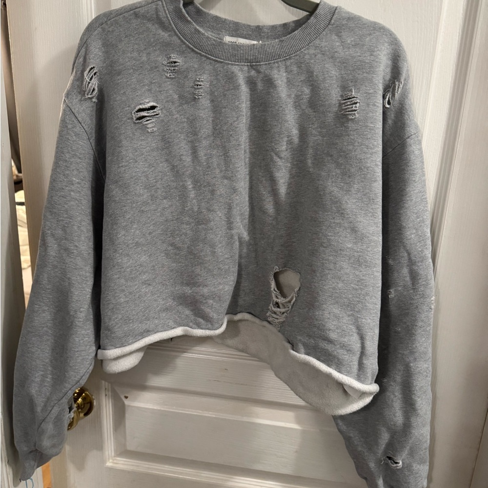 Good American Gray Cropped Distressed Crew Neck Sweater